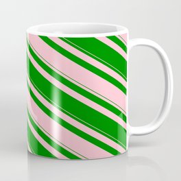 [ Thumbnail: Pink and Green Colored Striped/Lined Pattern Coffee Mug ]