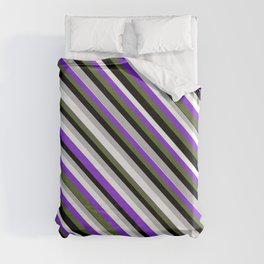 [ Thumbnail: Eye-catching Grey, White, Purple, Dark Olive Green, and Black Colored Lined/Striped Pattern Duvet Cover ]