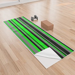 [ Thumbnail: Lime, Gray, and Black Colored Striped/Lined Pattern Yoga Towel ]