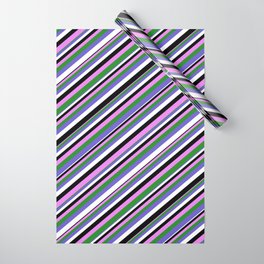 [ Thumbnail: Violet, Forest Green, Slate Blue, White & Black Colored Pattern of Stripes Wrapping Paper ]
