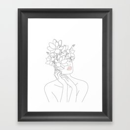 Minimal Line Art Woman with Magnolia Framed Art Print