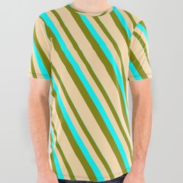 [ Thumbnail: Cyan, Green, and Tan Colored Striped Pattern All Over Graphic Tee ]