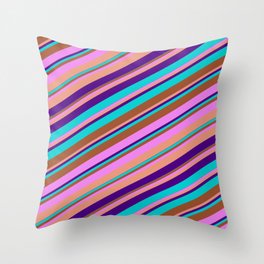 [ Thumbnail: Eye-catching Sienna, Violet, Dark Salmon, Indigo, and Dark Turquoise Colored Lined Pattern Throw Pillow ]