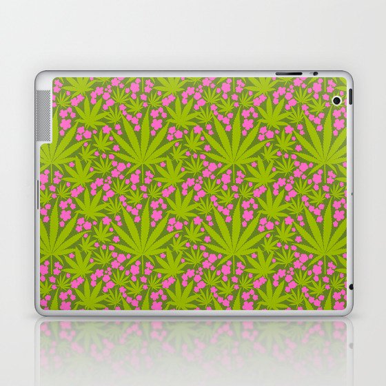 Green Cannabis Leaves And Hot Pink Flowers Retro Modern Maximalist Botanical Floral Pattern Laptop & iPad Skin