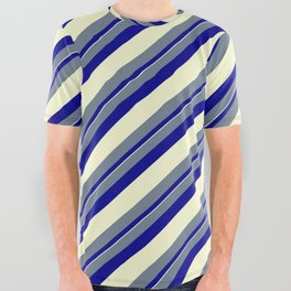 [ Thumbnail: Slate Gray, Dark Blue & Light Yellow Colored Lined Pattern All Over Graphic Tee ]