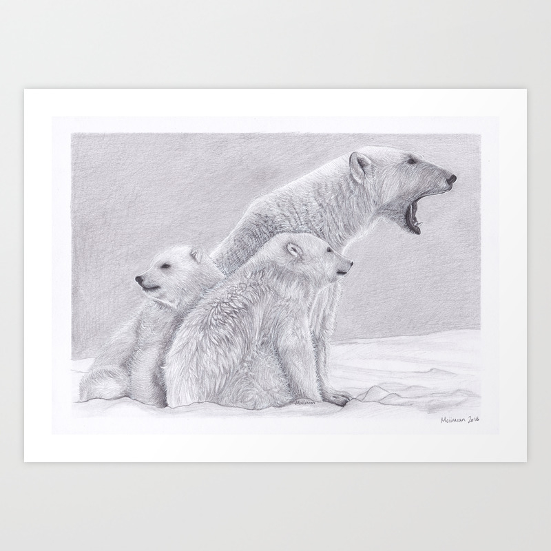 Polar Bear Family Pencil Drawing Artic Wildlife Artwork Art