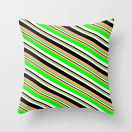 [ Thumbnail: Light Salmon, Lime, Mint Cream & Black Colored Striped/Lined Pattern Throw Pillow ]