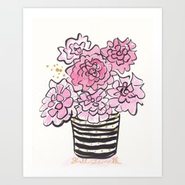 Vibrant Bold Pink Flowers in Striped Vase Art Print