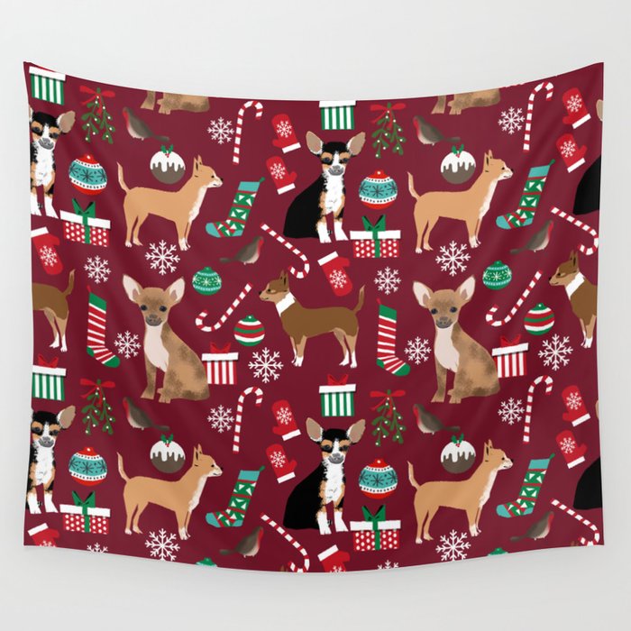 Chihuahua christmas presents dog breed stockings candy canes mittens Wall Tapestry