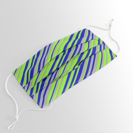 [ Thumbnail: Chartreuse, Blue, and Dark Gray Colored Lined Pattern Face Mask ]