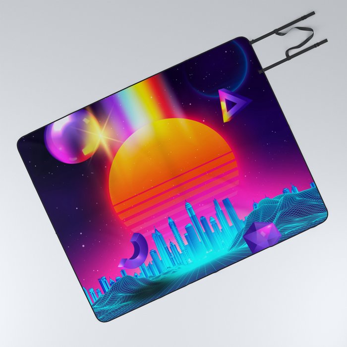 Neon sunset, city and sphere Picnic Blanket