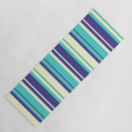 [ Thumbnail: Dark Slate Blue, Turquoise & Light Yellow Colored Striped/Lined Pattern Yoga Mat ]