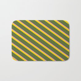 [ Thumbnail: Yellow, Dark Olive Green & Violet Colored Striped/Lined Pattern Bath Mat ]
