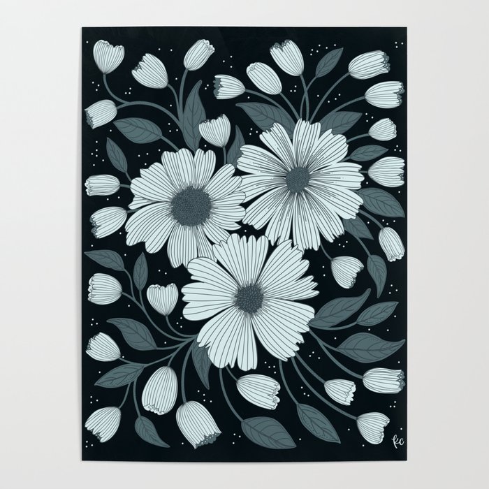 Spring Botanicals in black, white, and grey Poster