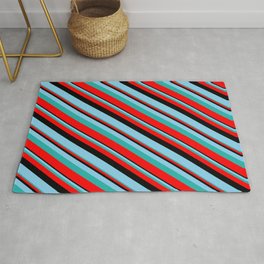 [ Thumbnail: Black, Sky Blue, Light Sea Green & Red Colored Lines/Stripes Pattern Rug ]