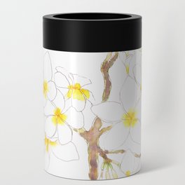  white Plumeria  frangipani flowers  ink and watercolor  Can Cooler