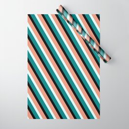 [ Thumbnail: Dark Salmon, Light Cyan, Teal & Black Colored Lined/Striped Pattern Wrapping Paper ]