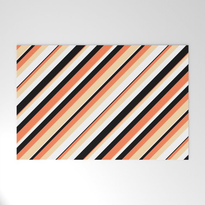 Coral, Tan, White & Black Colored Lines/Stripes Pattern Welcome Mat