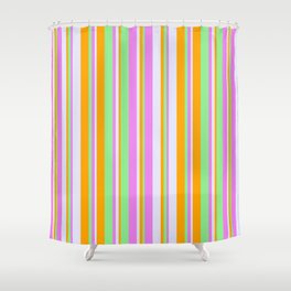 [ Thumbnail: Light Green, Orange, Lavender, and Violet Colored Striped/Lined Pattern Shower Curtain ]