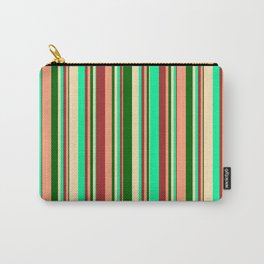 [ Thumbnail: Eye-catching Brown, Green, Beige, Dark Green & Light Salmon Colored Lined/Striped Pattern Carry-All Pouch ]