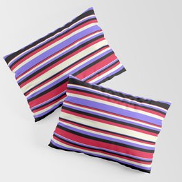 [ Thumbnail: Beige, Medium Slate Blue, Black, and Crimson Colored Pattern of Stripes Pillow Sham ]
