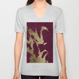 Burgundy & Gold Foil Flake Texture 01 V Neck T Shirt