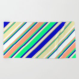[ Thumbnail: Eyecatching Light Salmon, Green, Blue, Pale Goldenrod, and Mint Cream Colored Lines Pattern Beach Towel ]