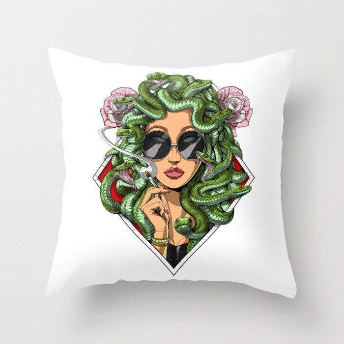 Medusa Hippie Smoking Weed Throw Pillow