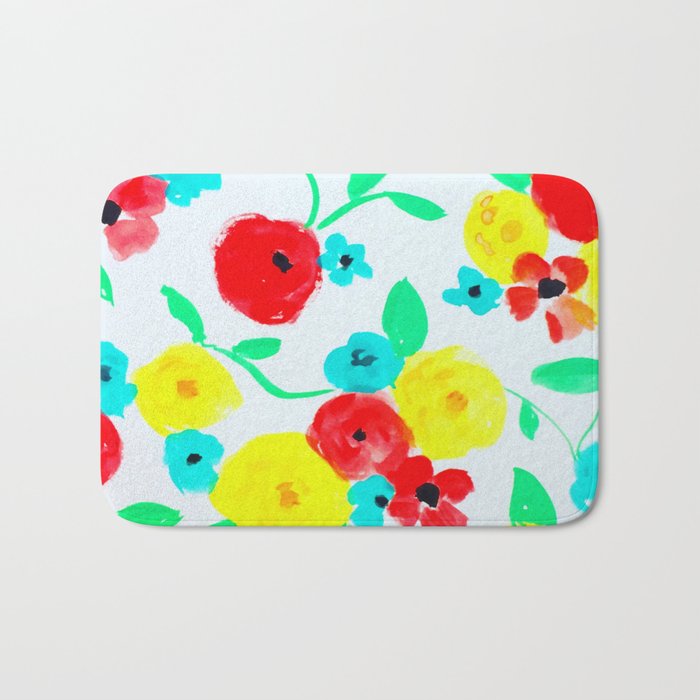 Bright Floral in Red, Yellow and Turquoise Bath Mat