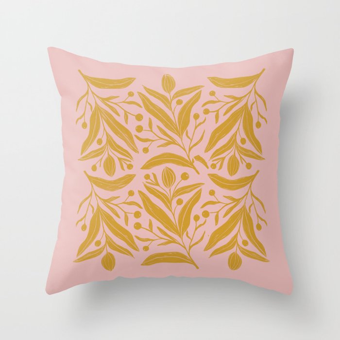 Pink and mustard yellow floral color block art Throw Pillow by