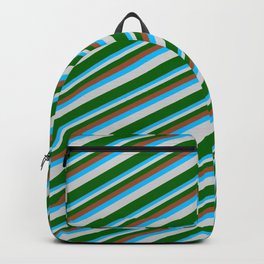 [ Thumbnail: Sienna, Deep Sky Blue, Light Gray & Dark Green Colored Lined/Striped Pattern Backpack ]