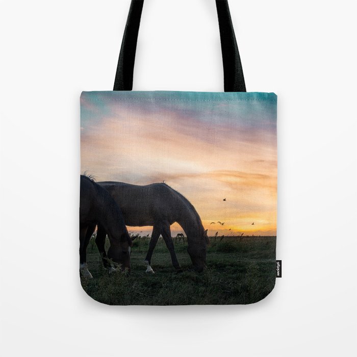 Horses at sunset Tote Bag