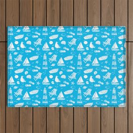 Turquoise And White Summer Beach Elements Pattern Outdoor Rug