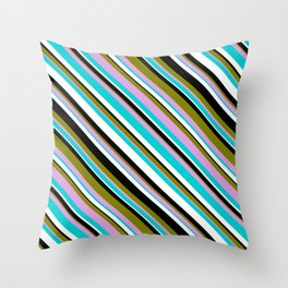 [ Thumbnail: Eye-catching Green, Plum, Dark Turquoise, White & Black Colored Striped/Lined Pattern Throw Pillow ]