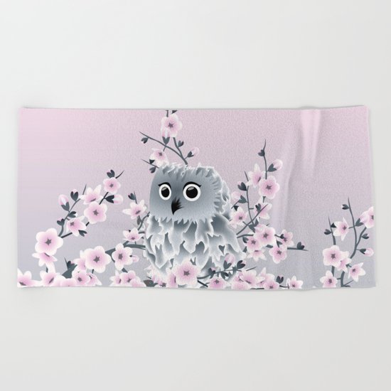 Cute Owl and Cherry Blossoms Pink Gray Beach Towel