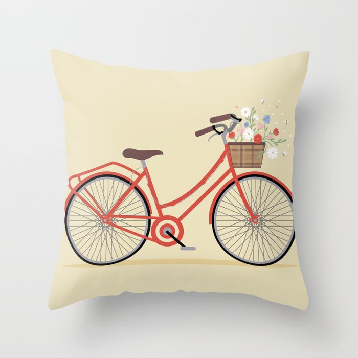 Flower Basket Bicycle Illustration Throw Pillow