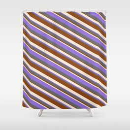 [ Thumbnail: Beige, Purple, Dim Grey, and Brown Colored Striped/Lined Pattern Shower Curtain ]