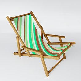 [ Thumbnail: Eye-catching Green, Sienna, Tan, Light Green, and Mint Cream Colored Striped/Lined Pattern Sling Chair ]