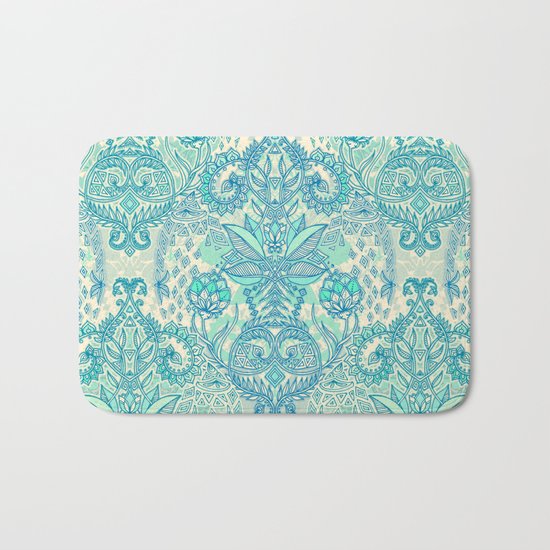 Botanical Geometry - nature pattern in blue, mint green & cream Bath Mat