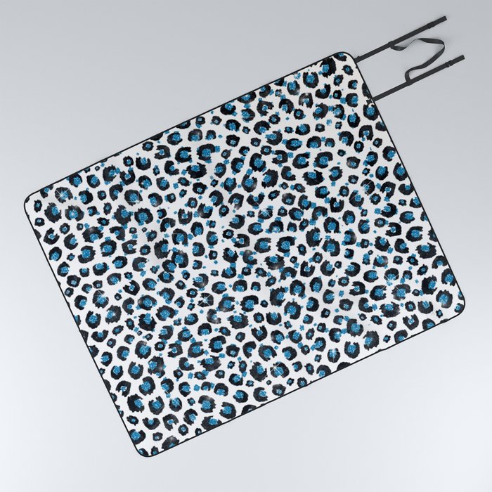 Elegant Blue Glitter Black Leopard Animal Print Picnic Blanket