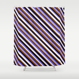 [ Thumbnail: Medium Slate Blue, Mint Cream, Brown & Black Colored Lined Pattern Shower Curtain ]