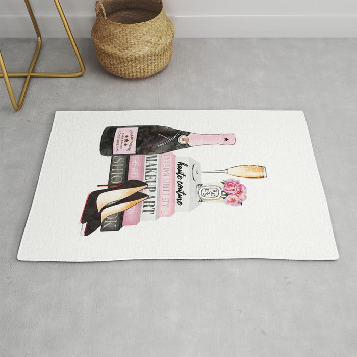 Champagne, pink, books, shoes, peonies, Peony, Fashion illustration, Fashion, Amanda Greenwood Rug