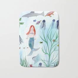 Cute Mermaid Watercolor Illustration Bath Mat