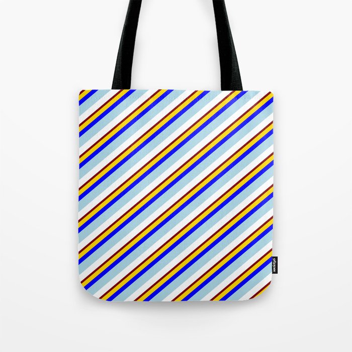Eye-catching Yellow, Blue, Light Blue, White & Maroon Colored Lines Pattern Tote Bag