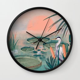 Blue Heron Wall Clock | Colorful, Lilly, Chill, Pond, Bird, Heron, Water, Sun, Fauna, Digital 