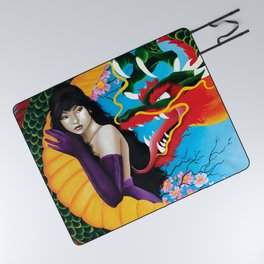 Courage and Wisdom Picnic Blanket | Dragon, Cherry, Chinesedragon, Asianwoman, Fantasy, Japanesedragon, Blossoms, Woman, Fantasyart, Painting 