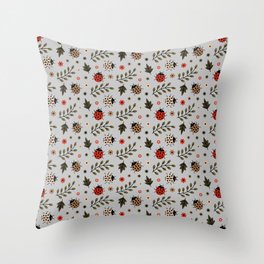 Ladybug and Floral Seamless Pattern on Light Grey Background Throw Pillow