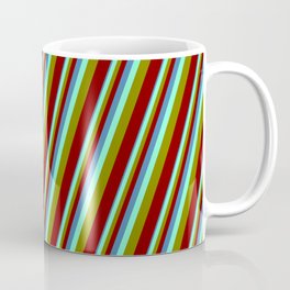 [ Thumbnail: Blue, Aquamarine, Green & Maroon Colored Stripes Pattern Coffee Mug ]