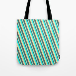 [ Thumbnail: Cyan, Pale Goldenrod & Dim Grey Colored Lines/Stripes Pattern Tote Bag ]