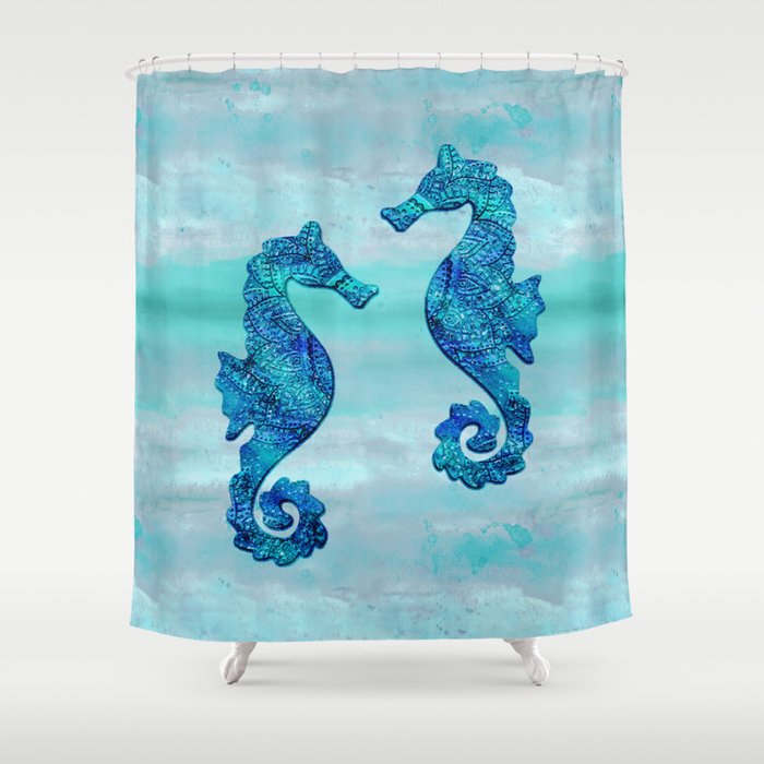 Blue Seahorse Couple Underwater Shower, Seahorse Shower Curtain Setup